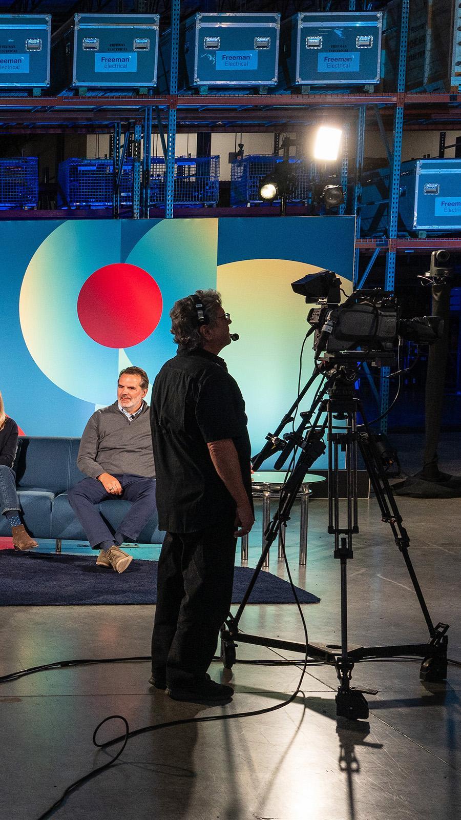 Town hall production stage with teleprompter